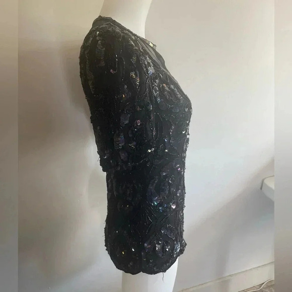 VTG 80’s Laurence Kazar Black Silk Rainbow Iridescent Sequin Rose Mesh Top M 176 - Picture 6 of 15